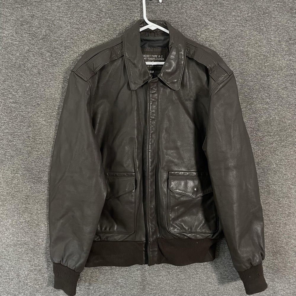 Type A-2 Flight Jacket Mens 42 Brown Leather Bomber Military USAF Lined Rib Knit